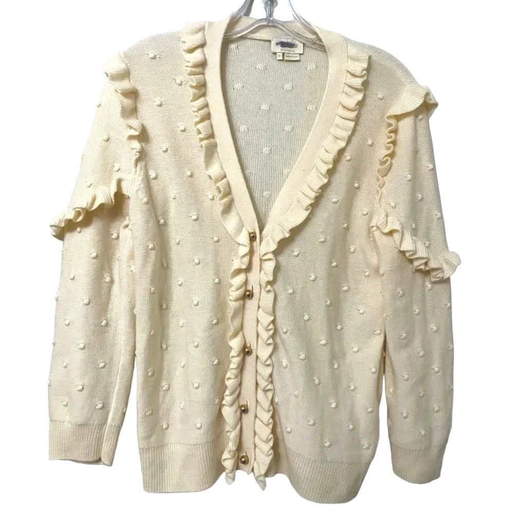 Kate Spade Cream Beige Ruffle Pom Gold Button Sweater Cardigan - Picture 5 of 7